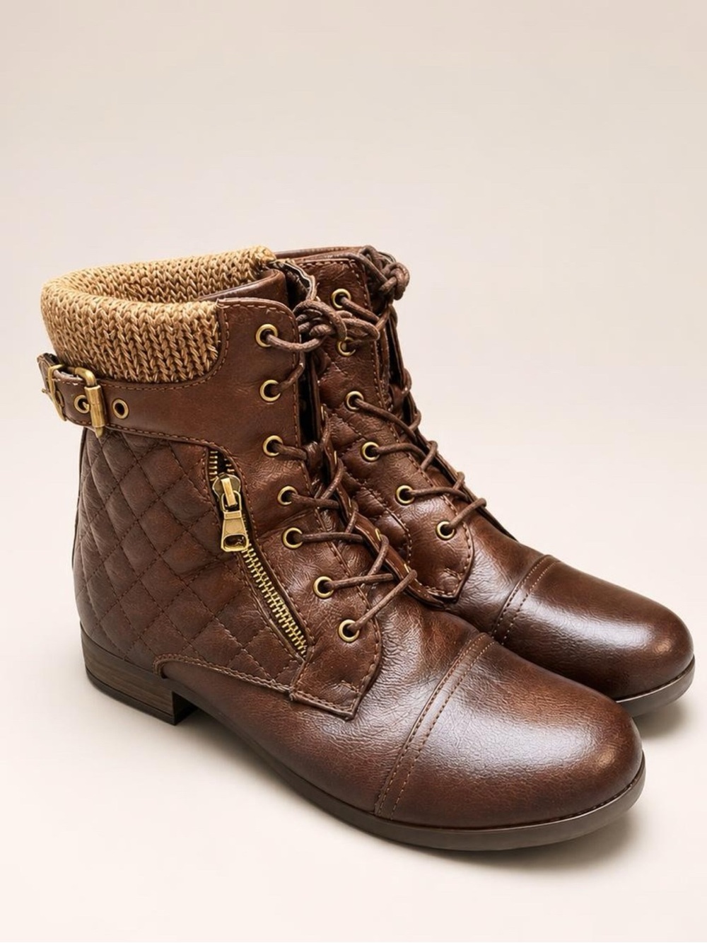 Global Win Brown Quilted Lace-Up Ankle Boots with Knit Cuff